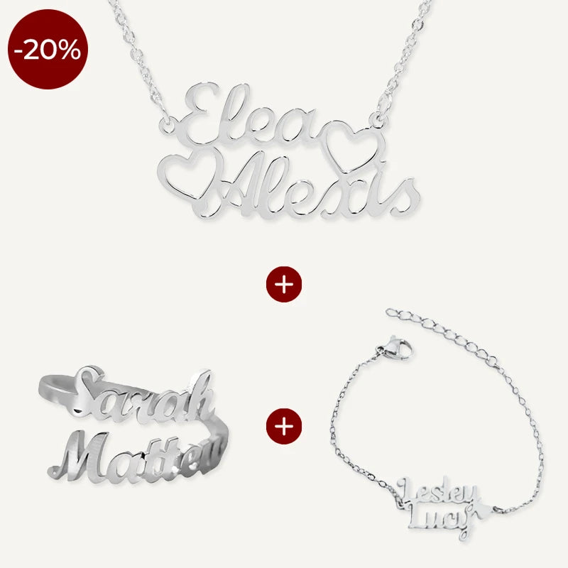 Collier, Bracelet et Bague Personnalisés 2 Prénoms Argent