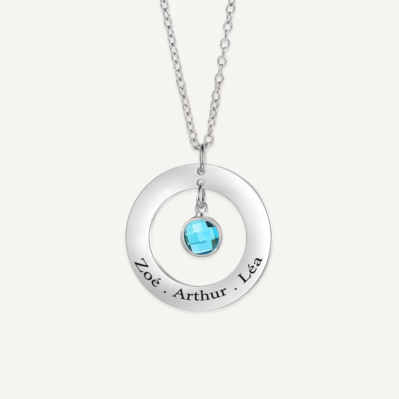 Collier Cercle Prénoms Gravés avec Pierre de Naissance Argent