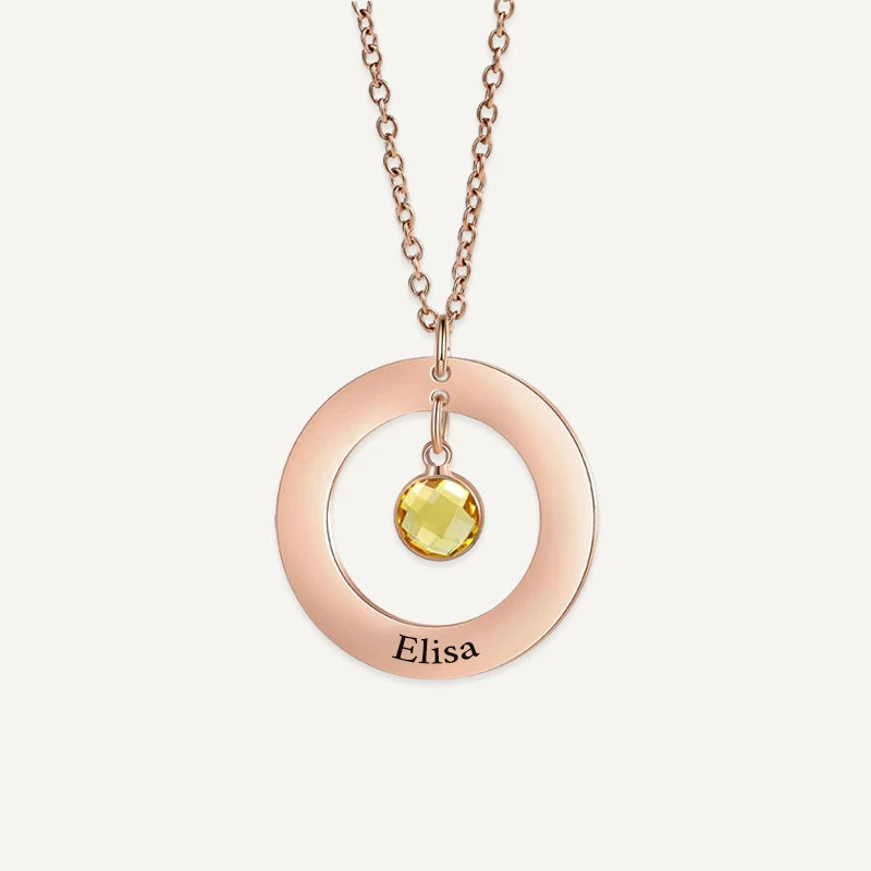 Collier Cercle Prénoms Gravés avec Pierre de Naissance Or Rose
