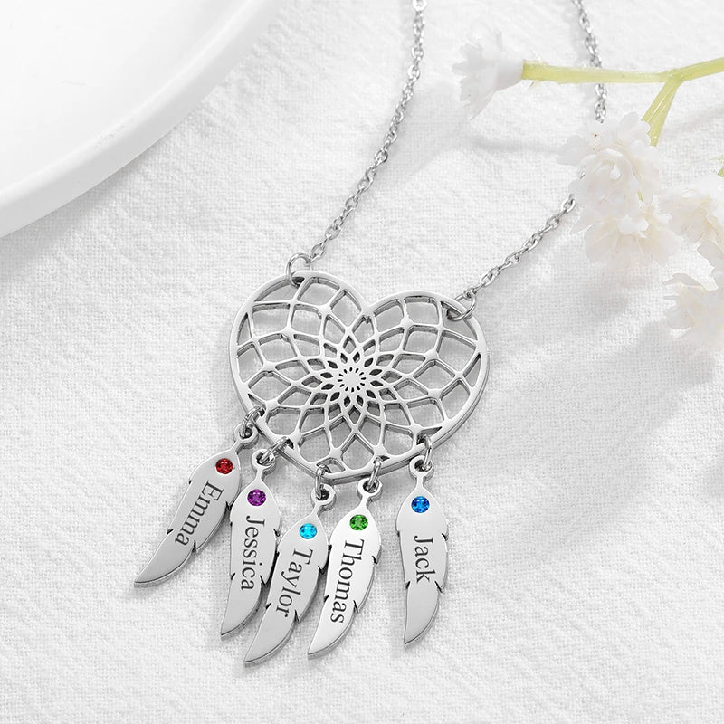 Collier Cœur Attrape-Rêves avec Prénoms et Pierres de Naissances Acier Inoxydable