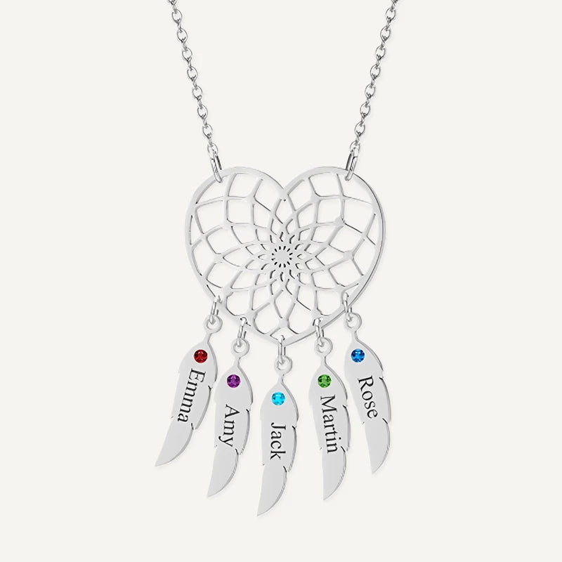 Collier Cœur Attrape-Rêves avec Prénoms et Pierres de Naissances Argent