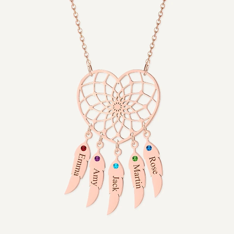 Collier Cœur Attrape-Rêves avec Prénoms et Pierres de Naissances Or Rose