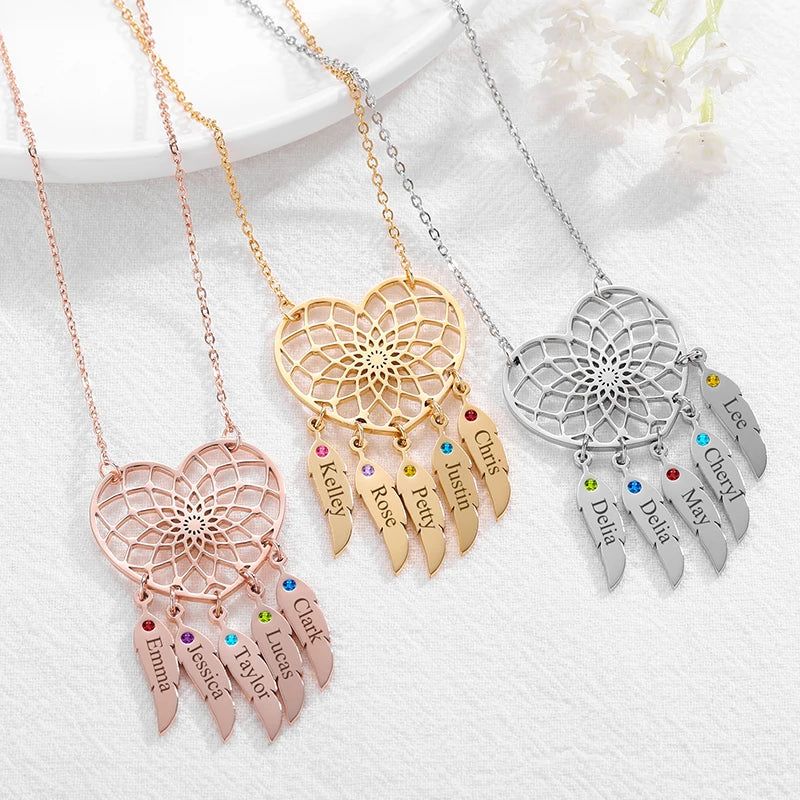 Collier Cœur Attrape-Rêves avec Prénoms et Pierres de Naissances