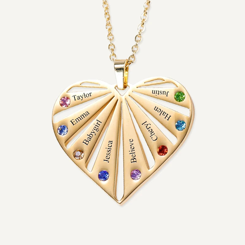 Collier Cœur Personnalisé Famille avec Prénoms et Pierres de Naissance