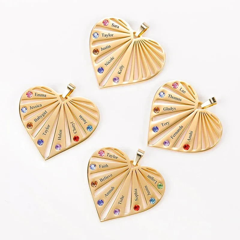 Collier Cœur Personnalisé Famille avec Prénoms et Pierres de Naissance
