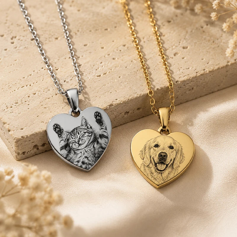 Collier Cœur Photo Gravée Animaux chaine