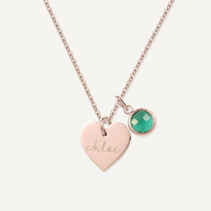 Collier Cœur Prénom avec Pierre de Naissance Or Rose