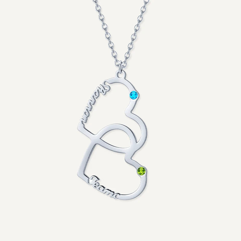 Collier Cœurs Entrelacés 2 Prénoms avec Pierres de Naissance Argent
