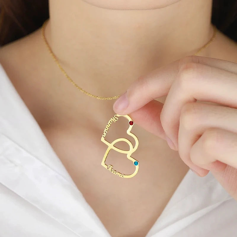 Collier Cœurs Entrelacés 2 Prénoms avec Pierres de Naissance Femme
