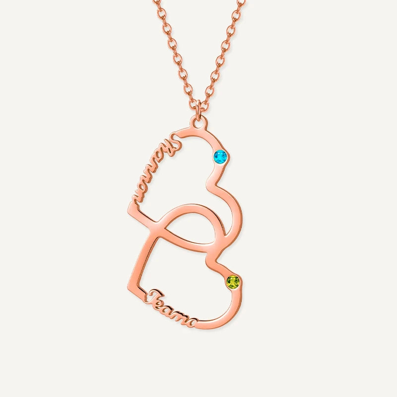 Collier Cœurs Entrelacés 2 Prénoms avec Pierres de Naissance Or Rose