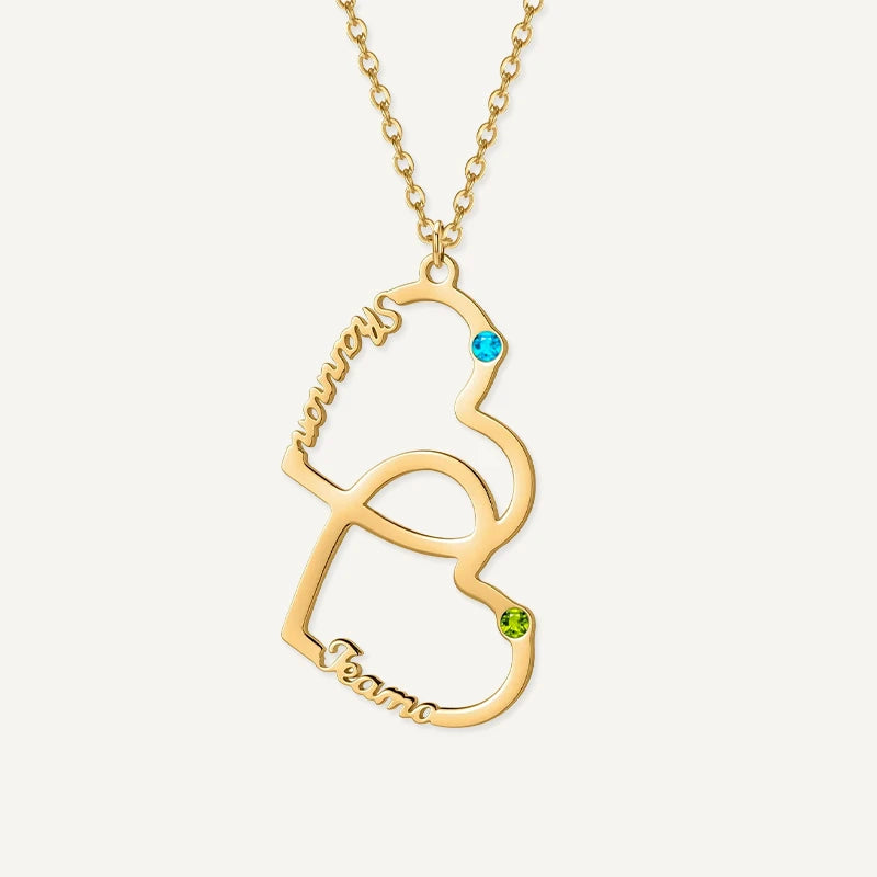Collier Cœurs Entrelacés 2 Prénoms avec Pierres de Naissance Or