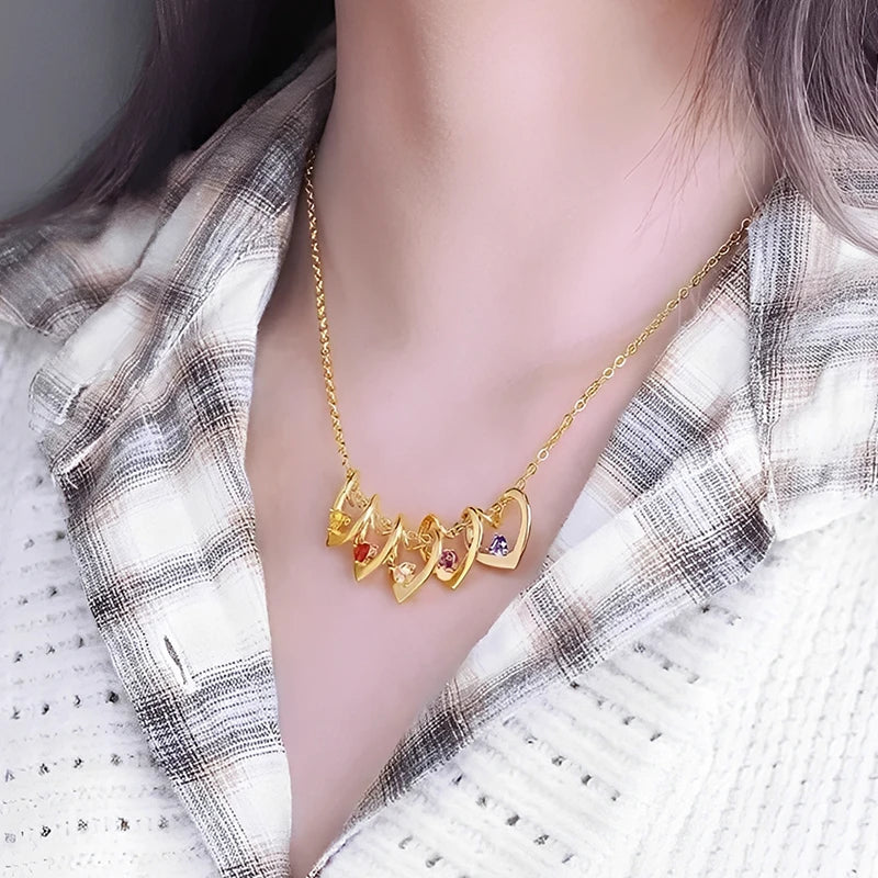 Collier Cœurs Personnalisés Prénoms avec Pierres de Naissance Femme