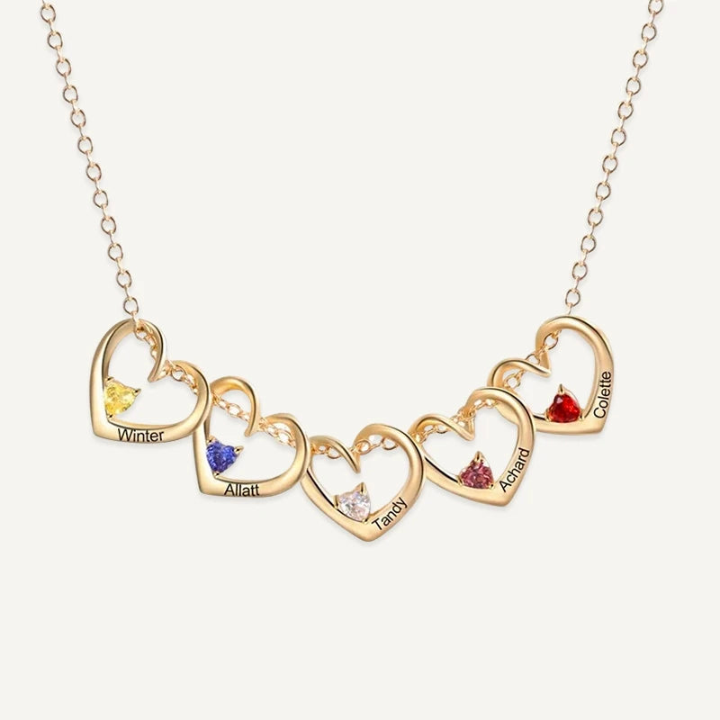Collier Cœurs Personnalisés Prénoms avec Pierres de Naissance Or