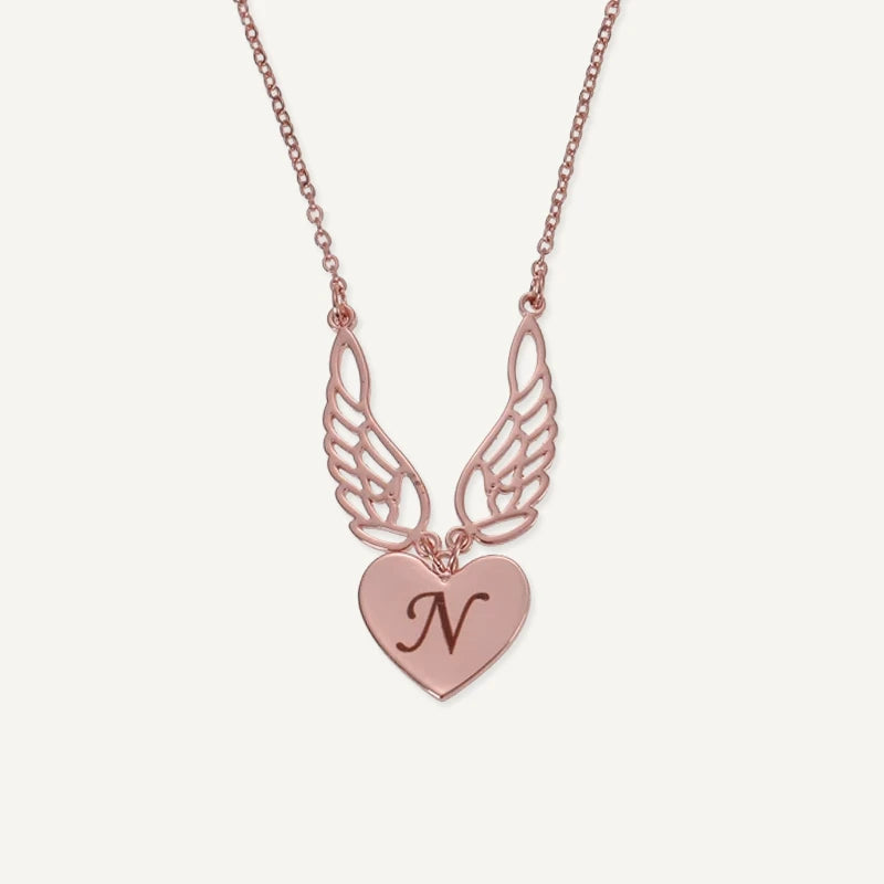 Collier Initiale Gravée avec d'Ailes d'Ange Or Rose