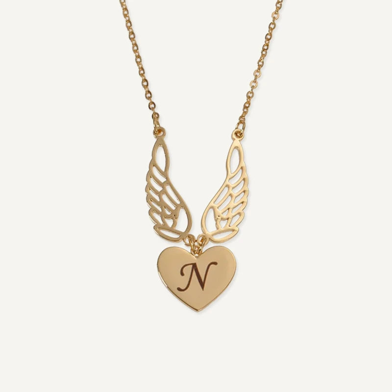 Collier Initiale Gravée avec d'Ailes d'Ange Or
