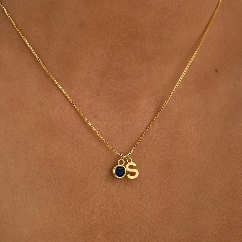 Collier Initiale avec Pierre de Naissance Acier Inoxydable