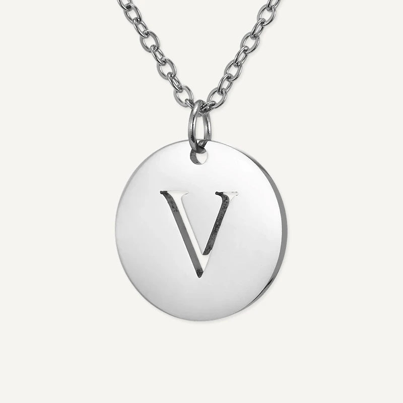 Collier Pendentif Rond Initiale Argent Lettre V
