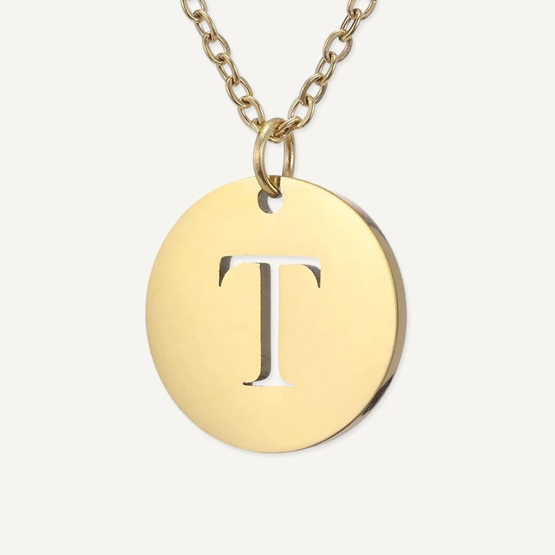 Collier Pendentif Rond Initiale Or Lettre T