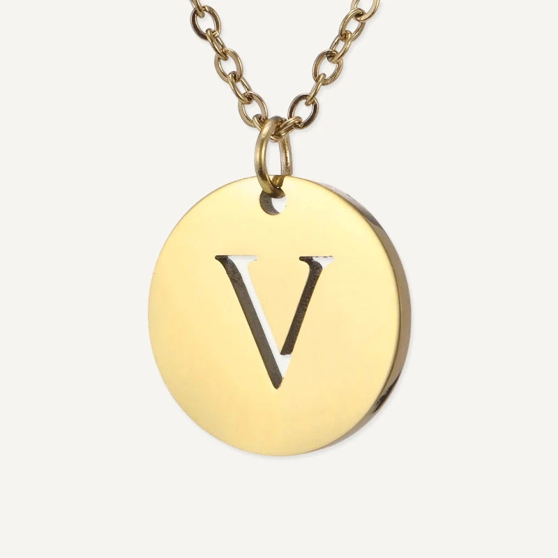 Collier Pendentif Rond Initiale Or Lettre V
