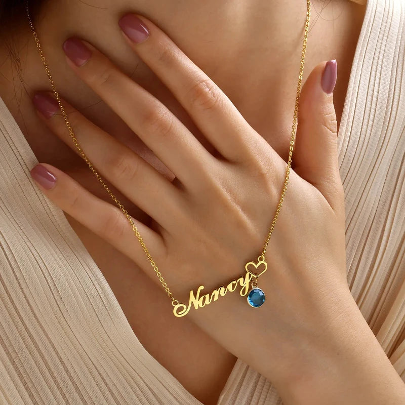 Collier Prénom avec Cœur Pierre de Naissance Acier Inoxydable