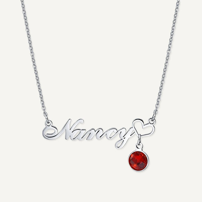 Collier Prénom avec Cœur Pierre de Naissance Argent