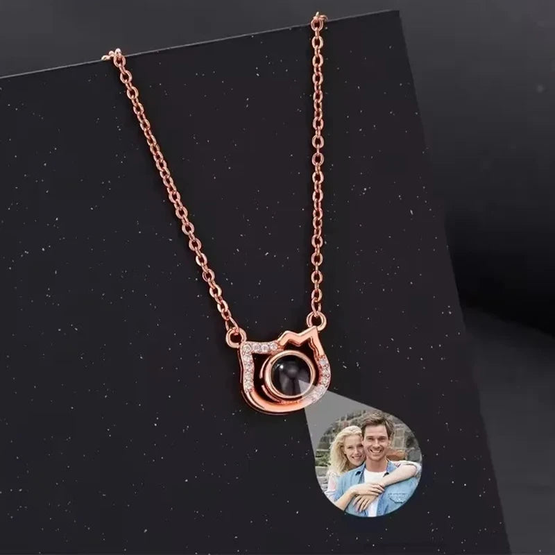 Collier Projection Photo Chat Or Rose Personnalisé