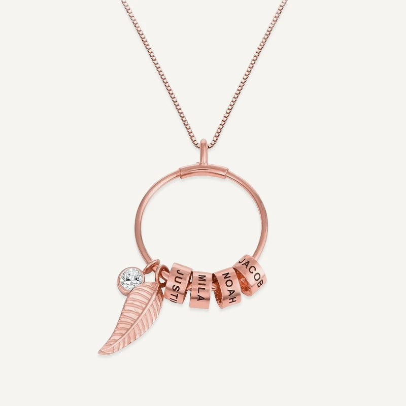 Collier Rond Plume Prénoms avec Pierre de Naissance Or Rose