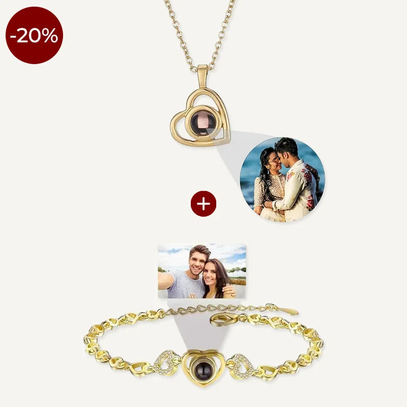 Collier et Bracelet Cœur Projection Photo Or