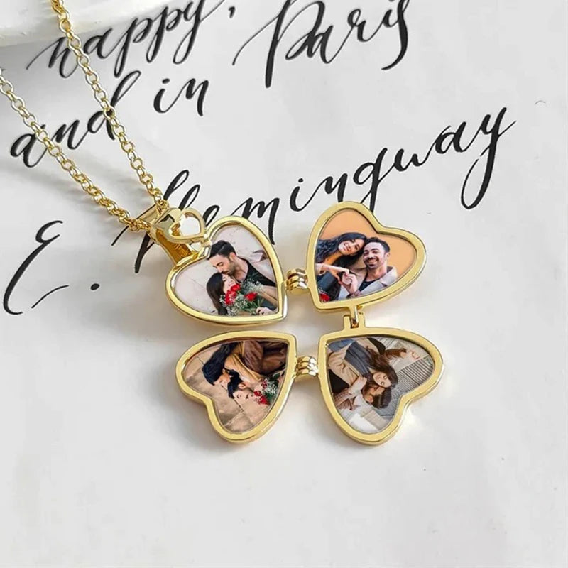 Collier Trèfle Cœur 4 Photos Personnalisées