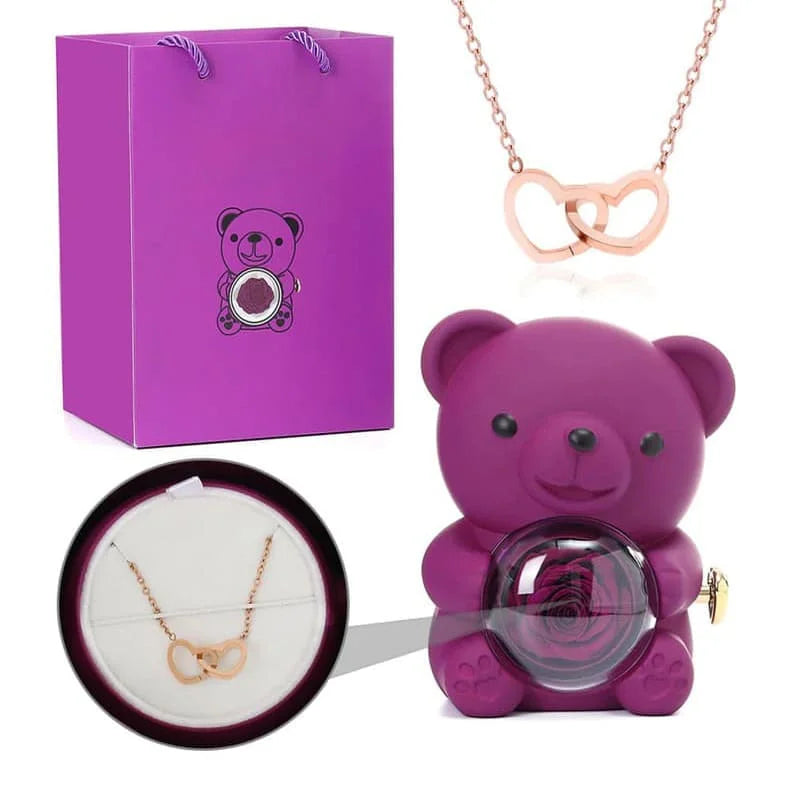 Ours Rose Éternelle avec Collier Personnalisé Violet