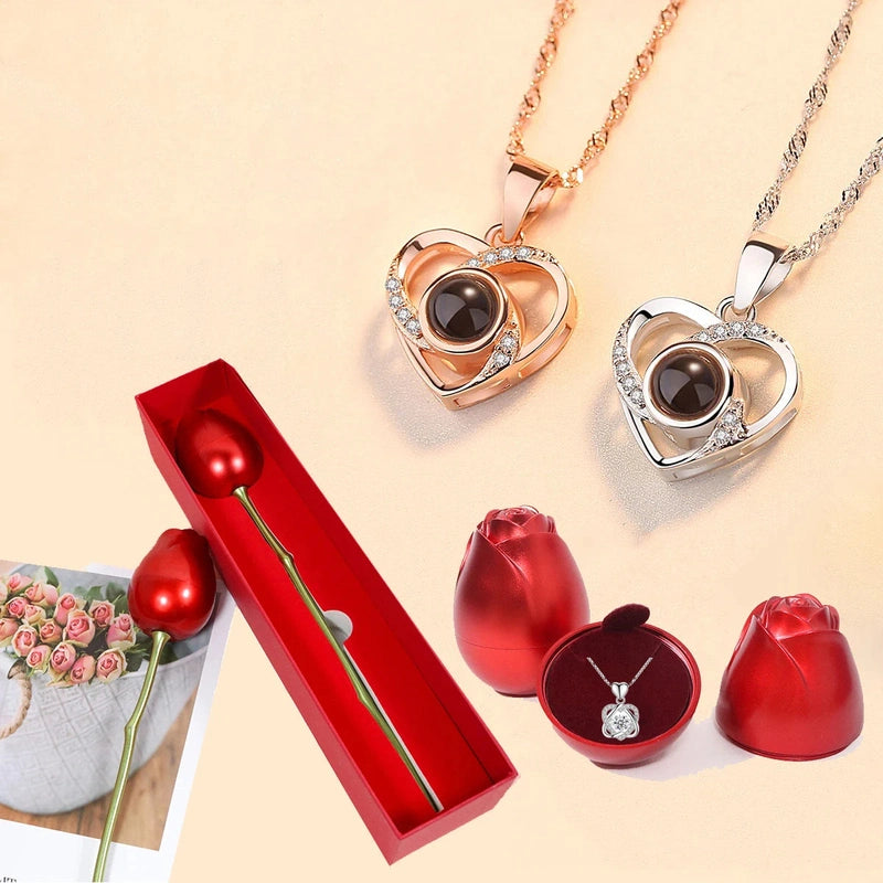 Rose Surprise avec Collier Je T'aime 100 Langues