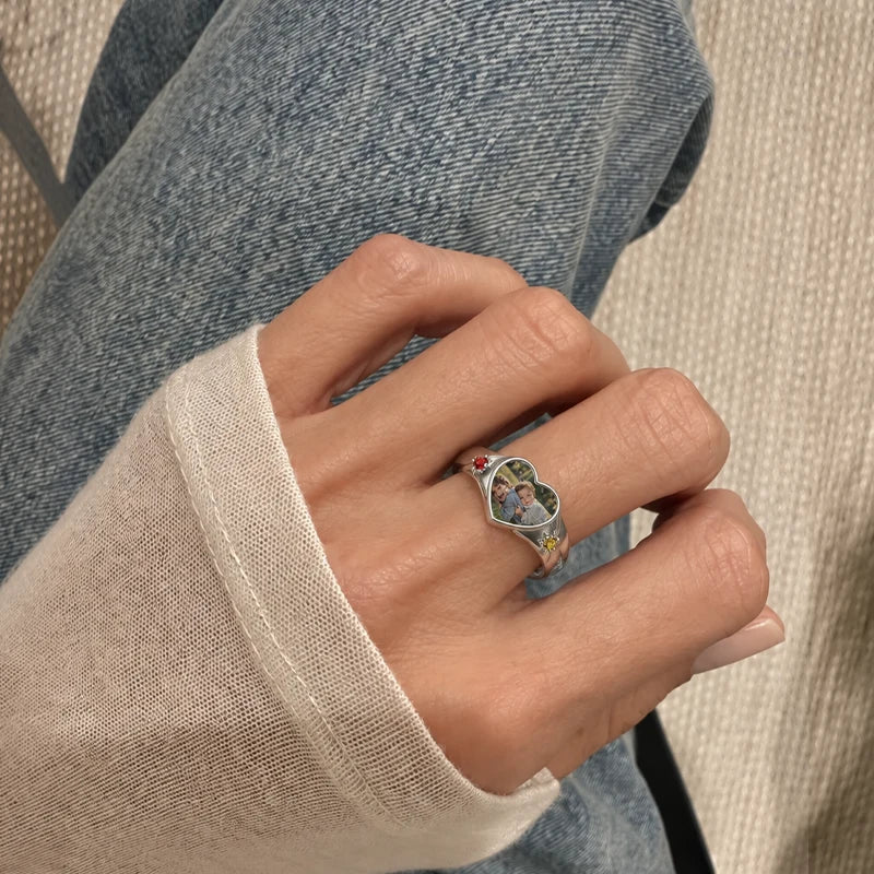 Bague Cœur Photo Personnalisée avec 2 Pierres de Naissance et Gravure Argent Femme