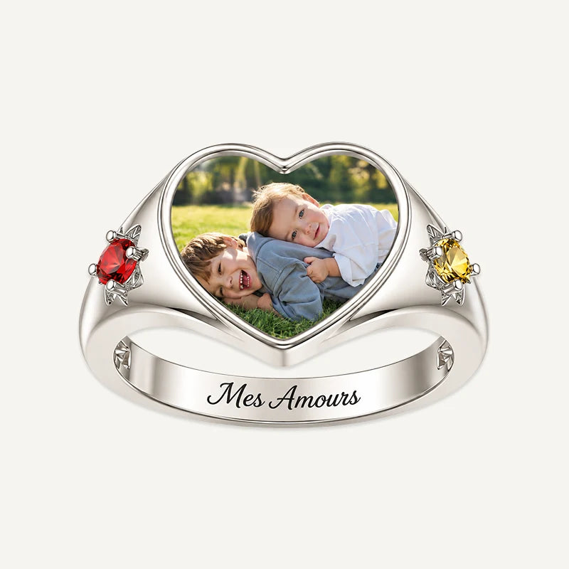 Bague Cœur Photo Personnalisée avec 2 Pierres de Naissance et Gravure Argent