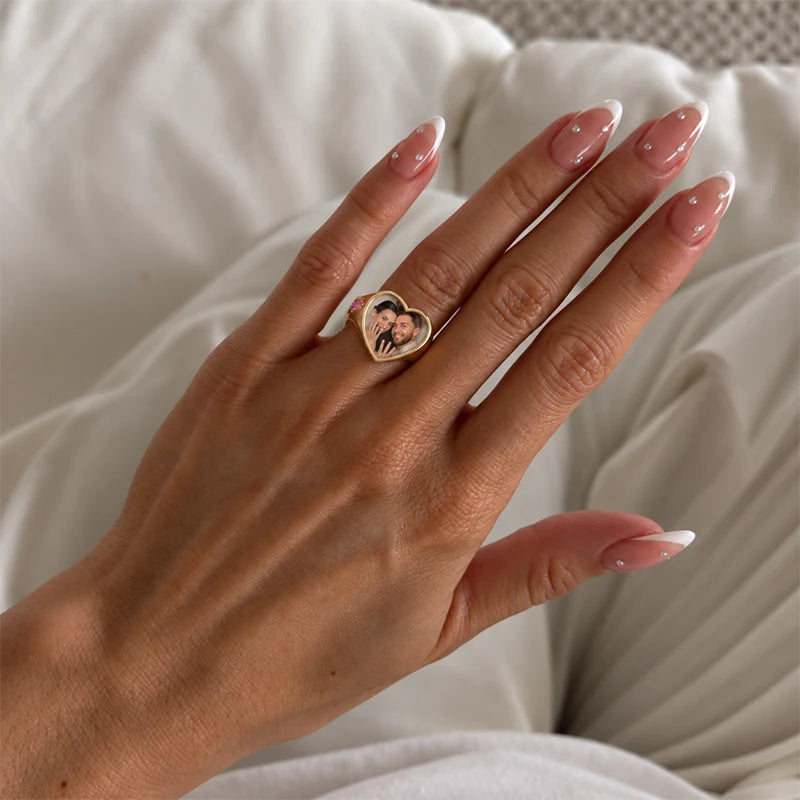 Bague Cœur Photo Personnalisée avec 2 Pierres de Naissance et Gravure Or Femme