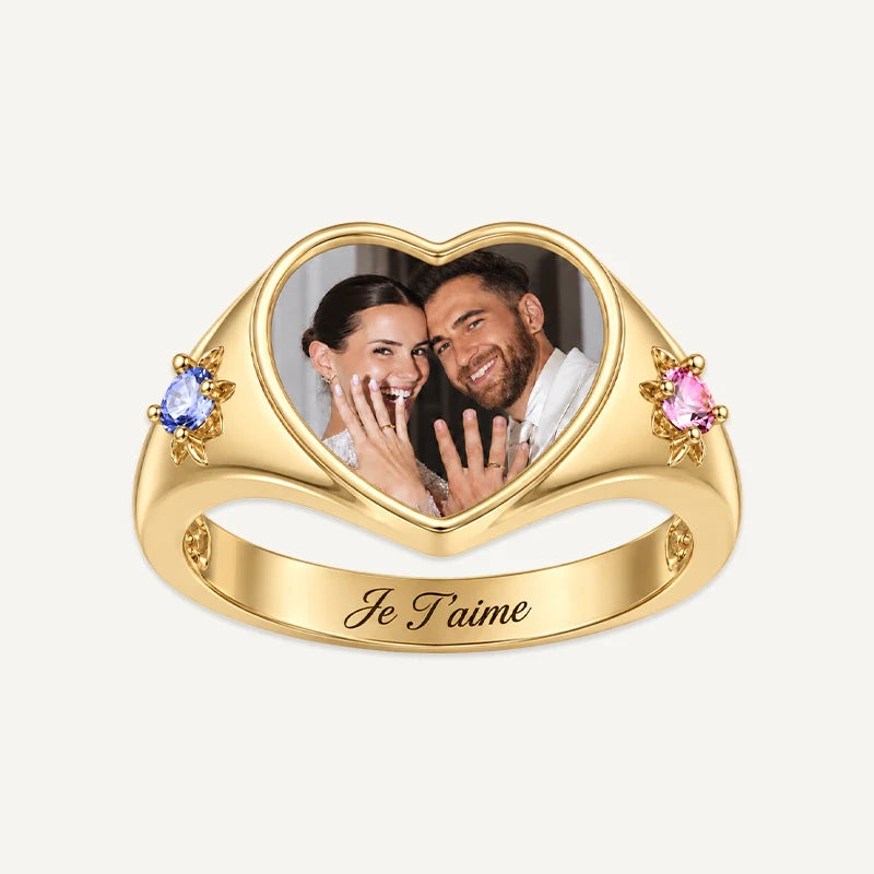 Bague Cœur Photo Personnalisée avec 2 Pierres de Naissance et Gravure Or