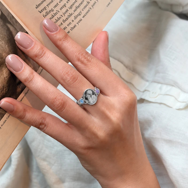 Bague Photo Personnalisée avec 2 Pierres de Naissance Argent Femme