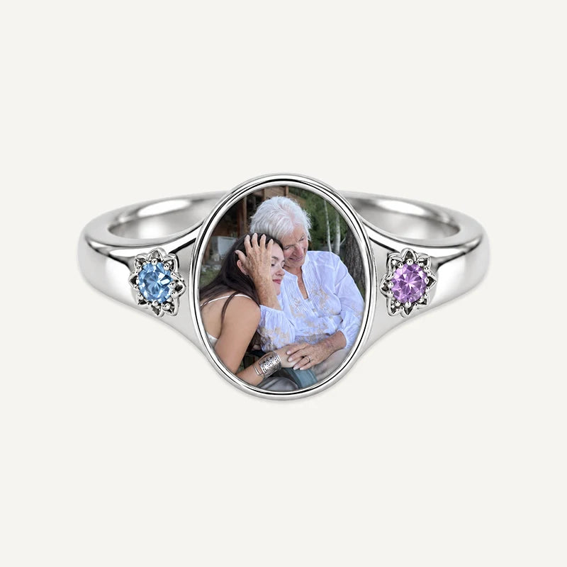 Bague Photo Personnalisée avec 2 Pierres de Naissance Argent