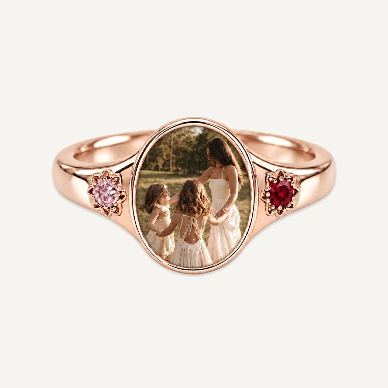 Bague Photo Personnalisée avec 2 Pierres de Naissance Or Rose