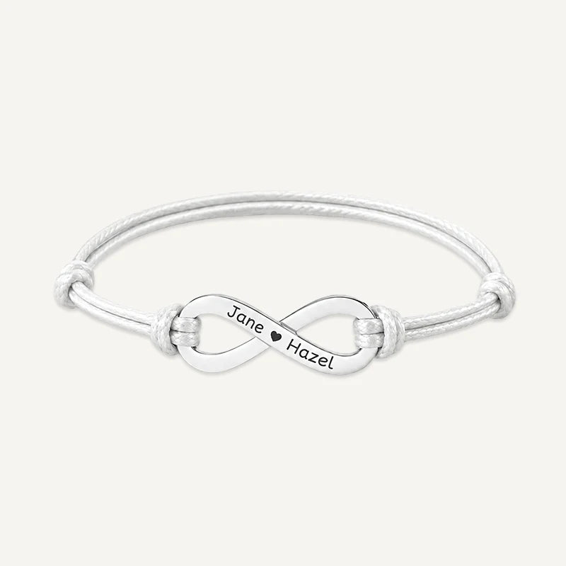 Bracelet Cordon Infini Personnalisé avec Prénoms Argent Blanc