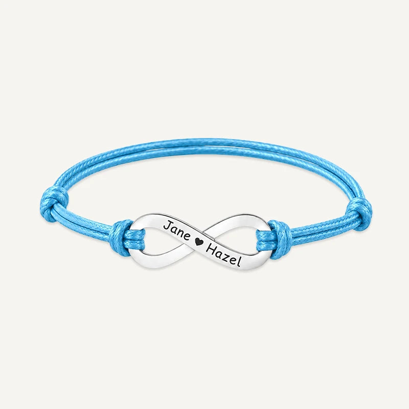 Bracelet Cordon Infini Personnalisé avec Prénoms Argent Bleu Clair