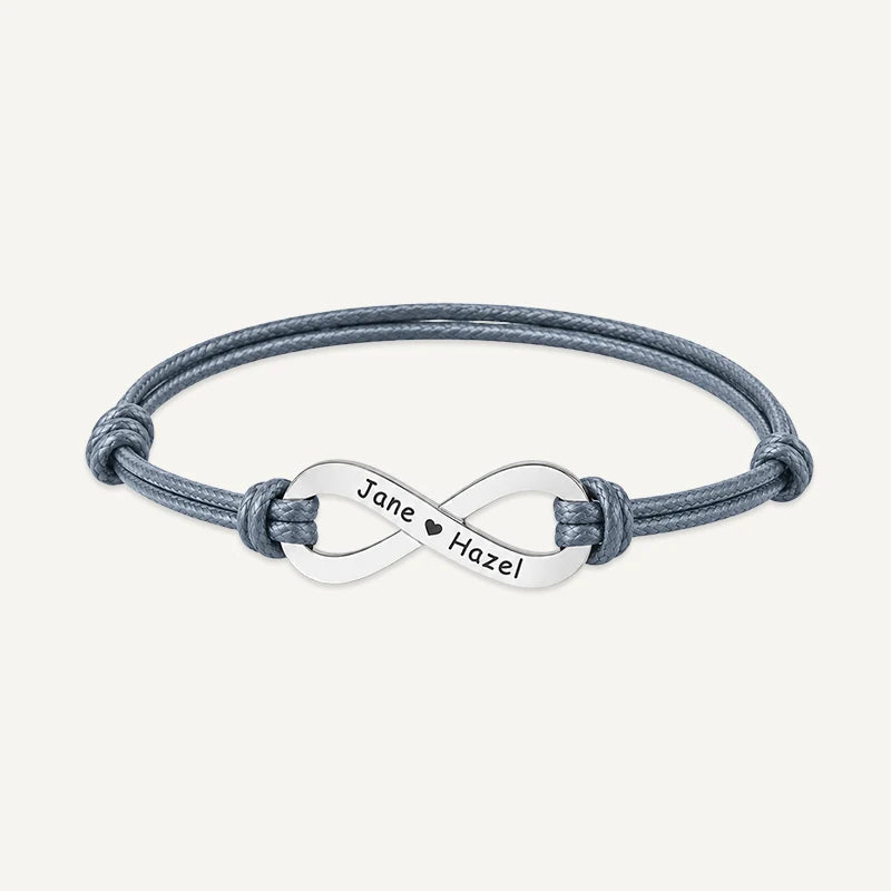 Bracelet Cordon Infini Personnalisé avec Prénoms Argent Gris