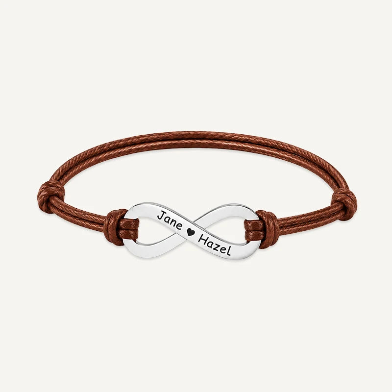 Bracelet Cordon Infini Personnalisé avec Prénoms Argent Marron