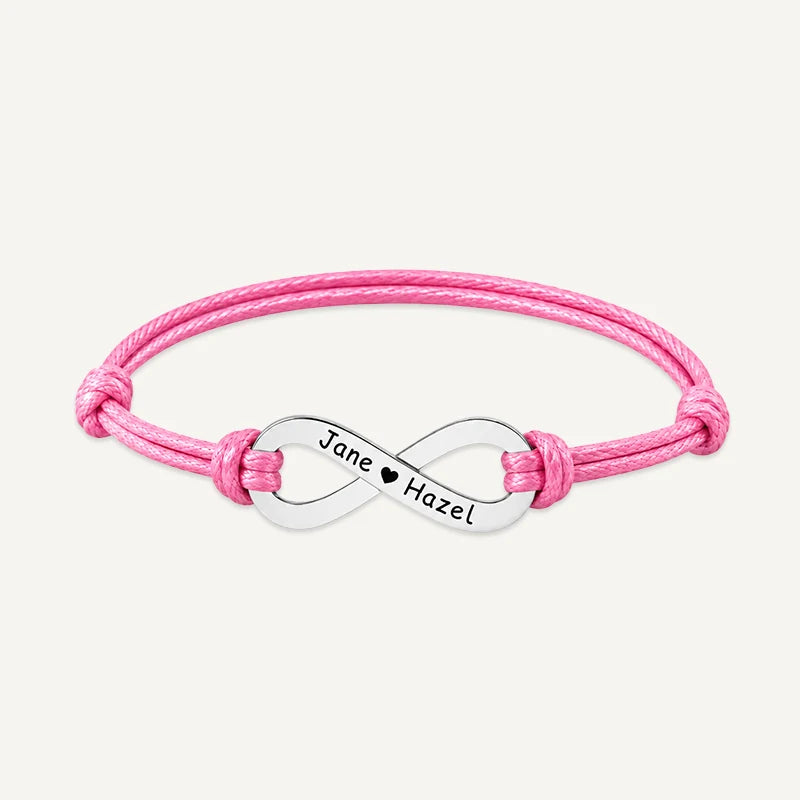 Bracelet Cordon Infini Personnalisé avec Prénoms Argent Rose