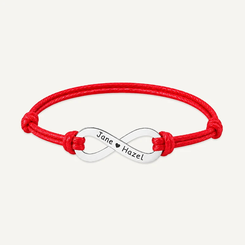 Bracelet Cordon Infini Personnalisé avec Prénoms Argent Rouge