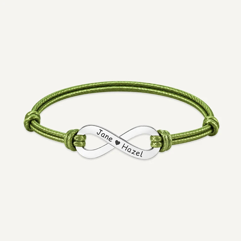Bracelet Cordon Infini Personnalisé avec Prénoms Argent Vert