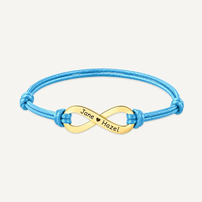 Bracelet Cordon Infini Personnalisé avec Prénoms Or Bleu Clair