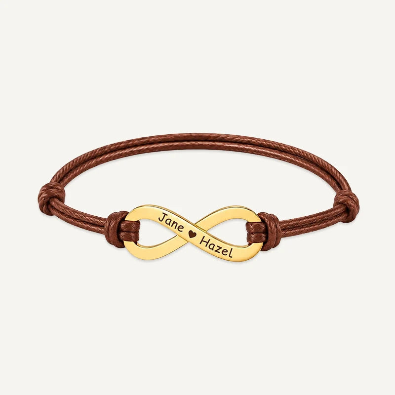Bracelet Cordon Infini Personnalisé avec Prénoms Or Marron