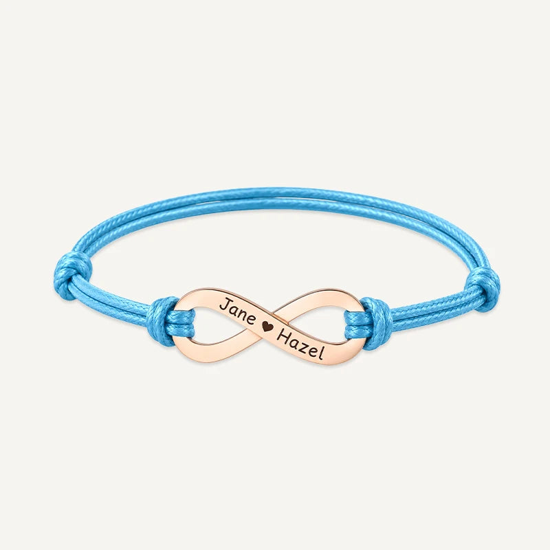 Bracelet Cordon Infini Personnalisé avec Prénoms Or Rose Bleu Clair