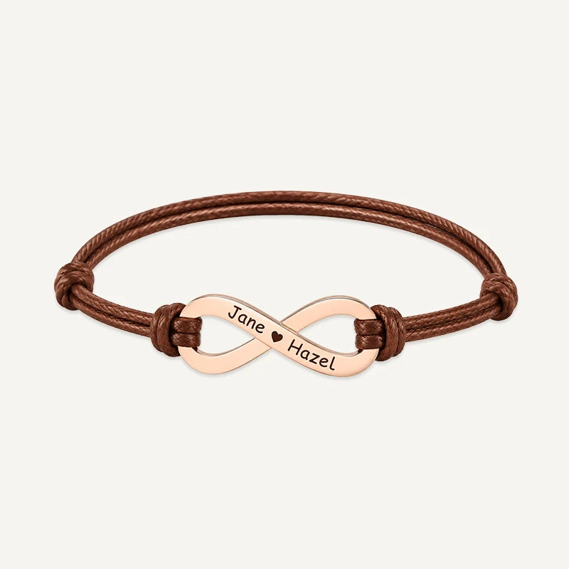 Bracelet Cordon Infini Personnalisé avec Prénoms Or Rose Marron