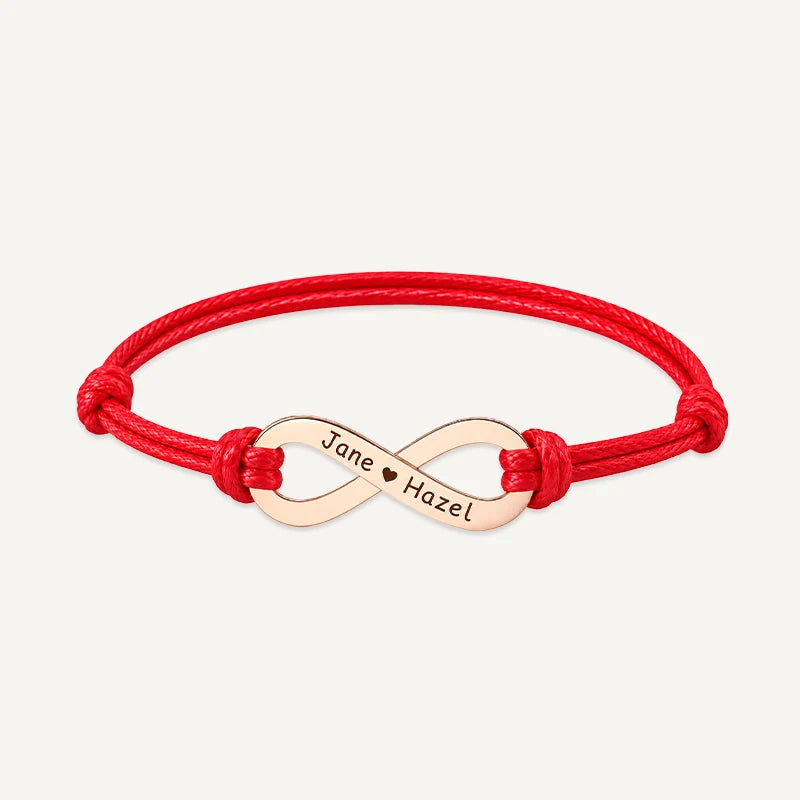 Bracelet Cordon Infini Personnalisé avec Prénoms Or Rose Rouge